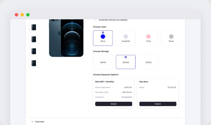 Product details with payment plans and running price