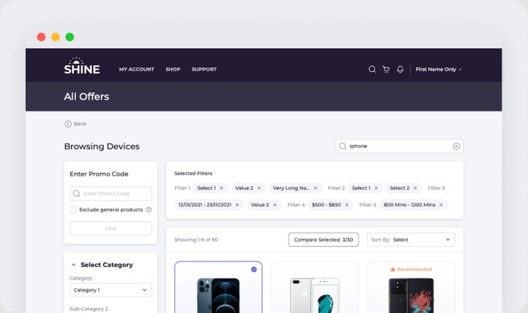 Product listing with visible, switchable filters